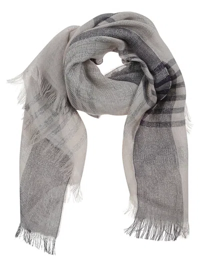 Peserico Check Patterned Linen Scarf With Fringed Edges In Gray