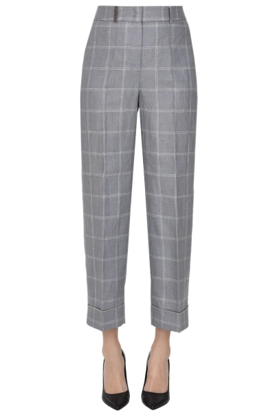Peserico Checked Print Linen Trousers In Grey