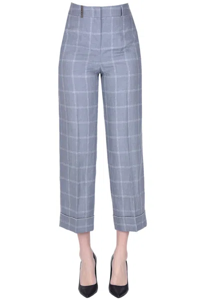 Peserico Checked Print Linen Trousers In Grey