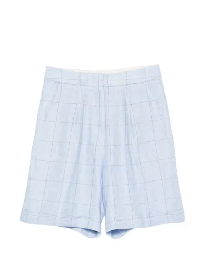 Peserico Check-pattern Pleated Linen Shorts In Blue