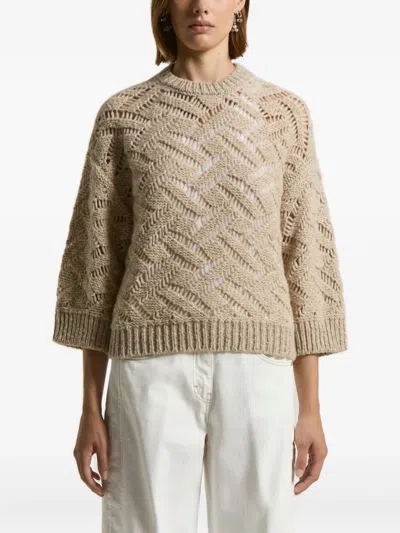 Peserico Chevron-pattern Open-knit Sweater In Brown