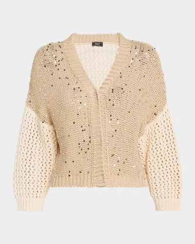 Peserico Colorblock Open-knit Sequin Cardigan In Neutral