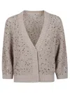 Peserico Cotton Cardigan With Sequined Detailing And V-neckline In Neutral