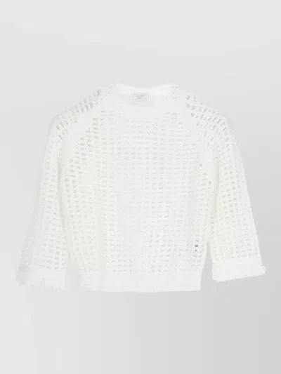 Peserico Cotton Crewneck Sweater Sequins Perforated Knit In White
