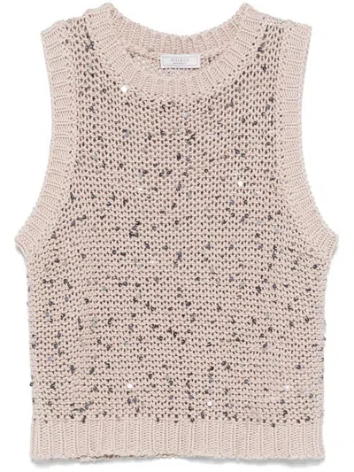 Peserico Cotton Gilet In Beige With Sequin Embellishment