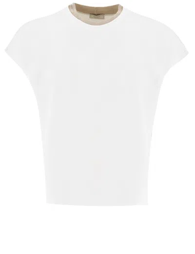 Peserico Cotton T-shirt With Contrasting Crew Neck In Bianco/grigio