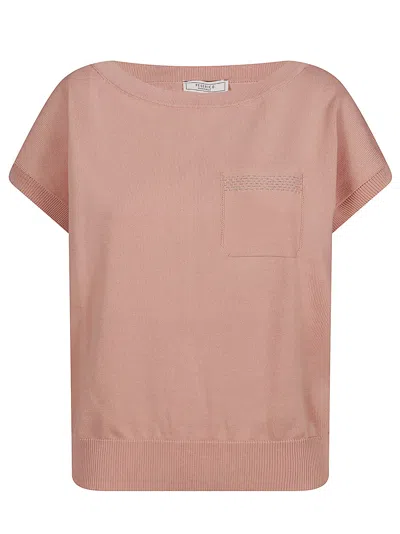 Peserico Crepe Cotton Knit Sweater With Boat Neckline And Kimono Shoulders In Pink