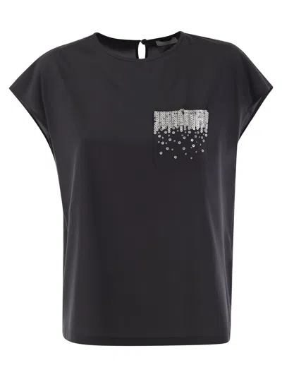 Peserico Crepe De Chine Top With Sequin Pocket In Blue