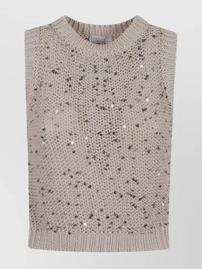 Peserico Crew Neck Sequin Embellished Knit Top In Neutrals