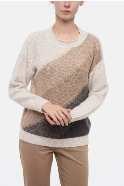 Peserico Crew Neck Wool Blend Sweater With Oblique Striped Motif In Gold