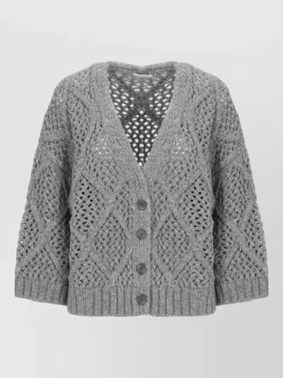 Peserico Perforated Grey Wool Cardigan With Silver Bead Accents In Gray