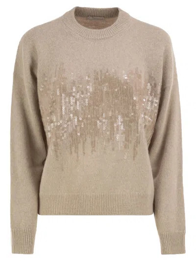 Peserico Crew-neck Jumper With Sequins In Alpaca Blend In Neutral