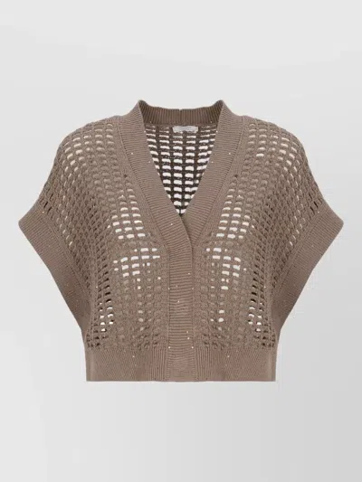 Peserico Crewneck Knit Sweater Paillettes Open Design In Brown