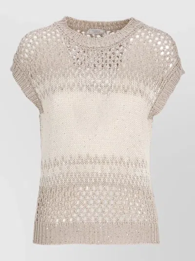 Peserico Crewneck Top Cap Sleeves Open Knit In Neutral