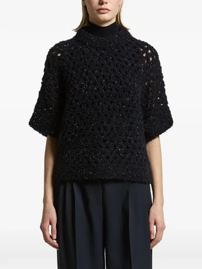 Peserico Crochet-knit Short-sleeve Sweater In Black