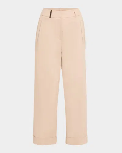 Peserico Cropped Chain-trim Stretch Cotton Pants In Beige