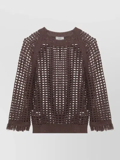 Peserico Cropped Crewneck Open Knit Sequin Sweater In Brown