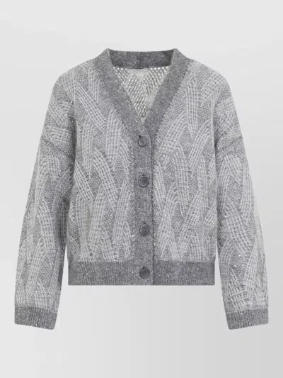 Peserico Cropped Sequin Knit Cardigan Long Sleeves In Gray