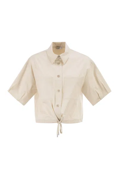 Peserico Cropped Stretch Cotton Shirt With Drawstring In Metallic