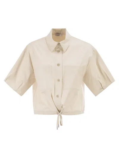Peserico Cropped Stretch Cotton Shirt With Drawstring In Metallic