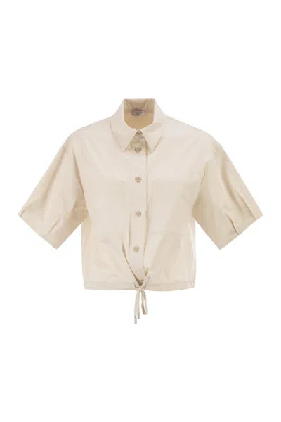 Peserico Cropped Stretch Cotton Shirt With Drawstring In Neutral