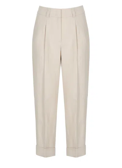 Peserico Cropped Tailored Linen Pants With Bright Light Details In White