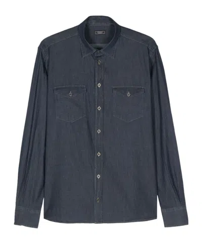Peserico Curved Hem Buttoned Denim Shirt In Blue