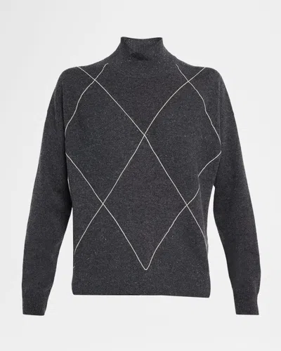 Peserico Diamond-patterned Cashmere, Silk And Wool Sweater In Gray