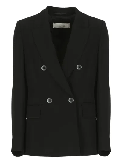 Peserico Double-breasted Blazer Leather Detail In Black