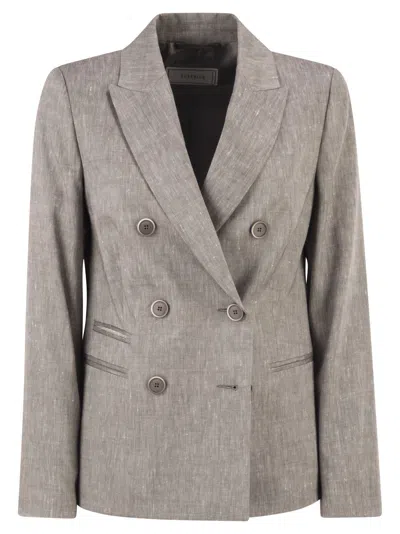 Peserico Double Breasted Blazer In Linen And Wool Blend In Gray