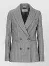 Peserico Double Breasted Pinstriped Wool Blazer In Gray