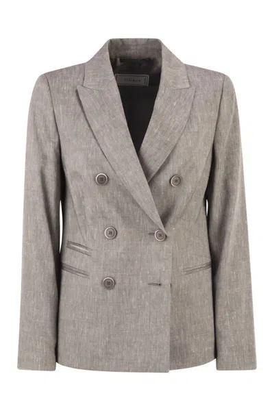 Peserico Double-breasted Blazer In Linen And Wool Blend In Gray