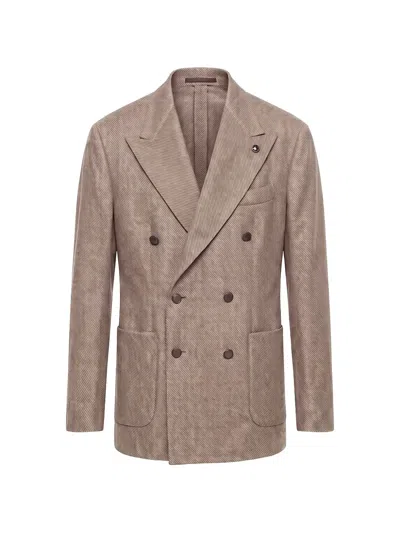 Peserico Double-breasted Herringbone Blazer In Neutral
