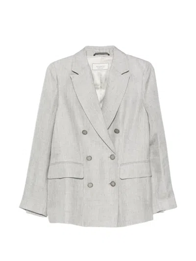 Peserico Double-breasted Long-sleeve Linen Blazer In Gray