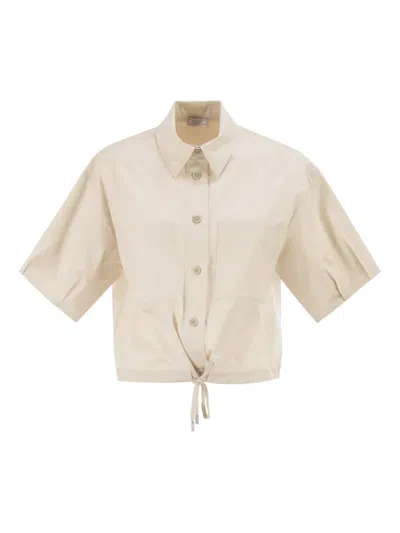 Peserico Cropped Stretch Cotton Shirt With Drawstring In Metallic