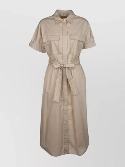 Peserico Dress Chest Pockets Short Sleeves Waist Tie In Neutral