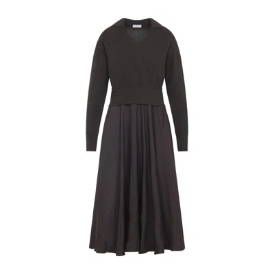 Peserico Ebony Brown Two-fabric Midi Dress With Pointed Collar