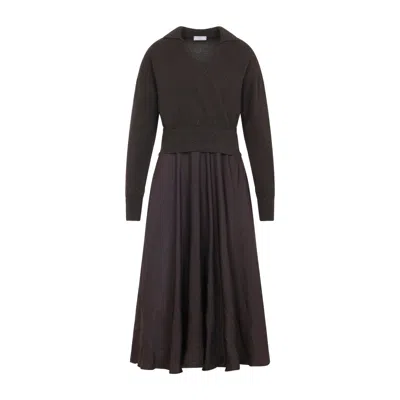 PESERICO PESERICO EBONY BROWN VIRGIN WOOL TWO-FABRICS DRESS