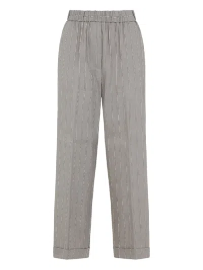 Peserico Pinstriped Linen Cotton Blend Straight Leg Trousers In Gray