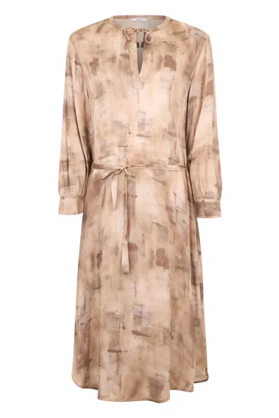 Peserico Elegant Dress In Beige Tones With Geometric Pattern, Elegant And Refined. In Brown