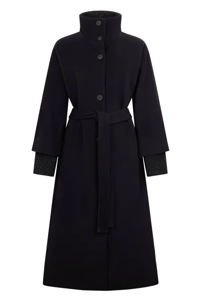 Peserico Elegant Long Black Coat With A Belt That Cinches The Waist, Minimal And Chic. In Blue