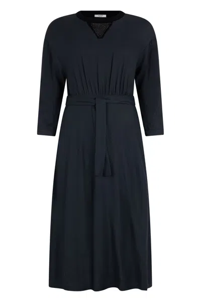 Peserico Elegant Long Black Dress With Integrated Belt. In Blue