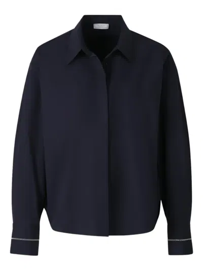 Peserico Embellished-cuff Cropped-hem Shirt In Blue