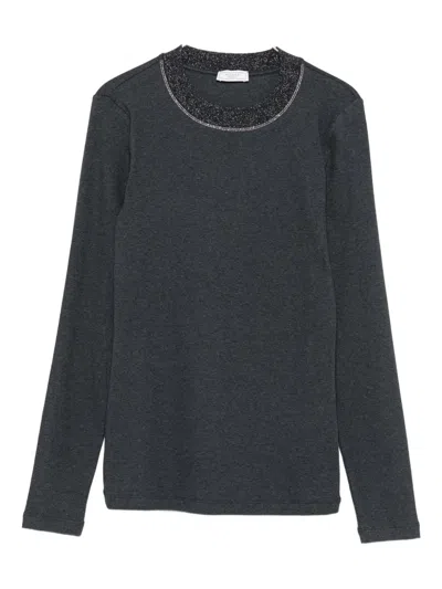 Peserico Embellished-neck Long-sleeve Top In Gray