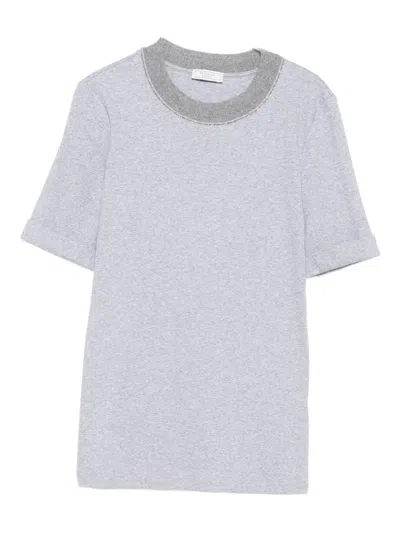 Peserico Embellished-neck T-shirt In Gray
