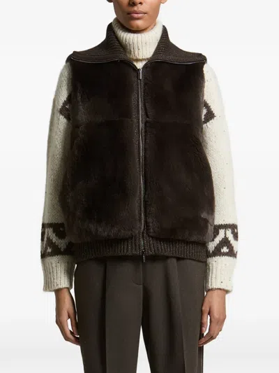 Peserico Faux-fur Panelled Sleeveless Zip-up Cardigan In Brown