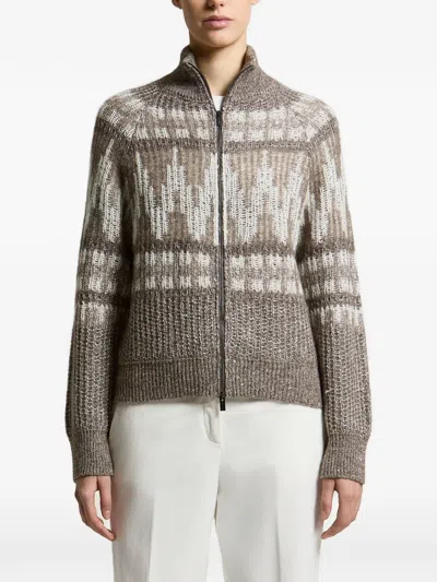 Peserico Geometric-pattern Zip-up Cardigan In Brown