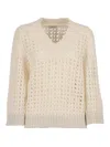 Peserico V-neck Knitted Sweater With Three-quarter Sleeves In Neutral