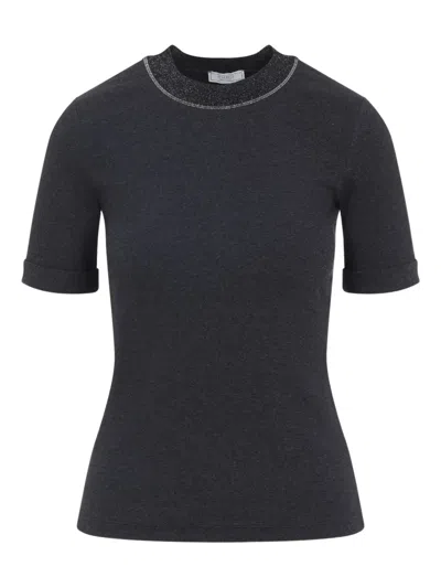 Peserico Glitter-trimmed Short-sleeve T-shirt In Gray