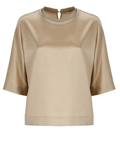 Peserico Gold Silk Round Neck Blouse In Multi